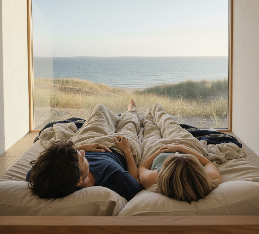 Koppel ontwaakt met uitzicht op duinen, zee en strand. Aan de kust. NapShore - beter slapen zonder pillen.